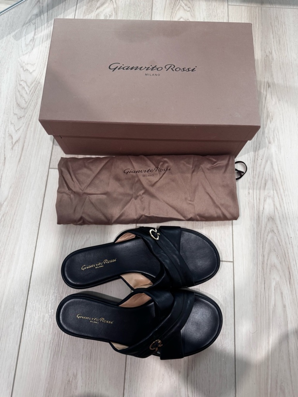 Gianvito Rossi Nappa Black Leather Alima Slide Sandals Gold Accent size 40